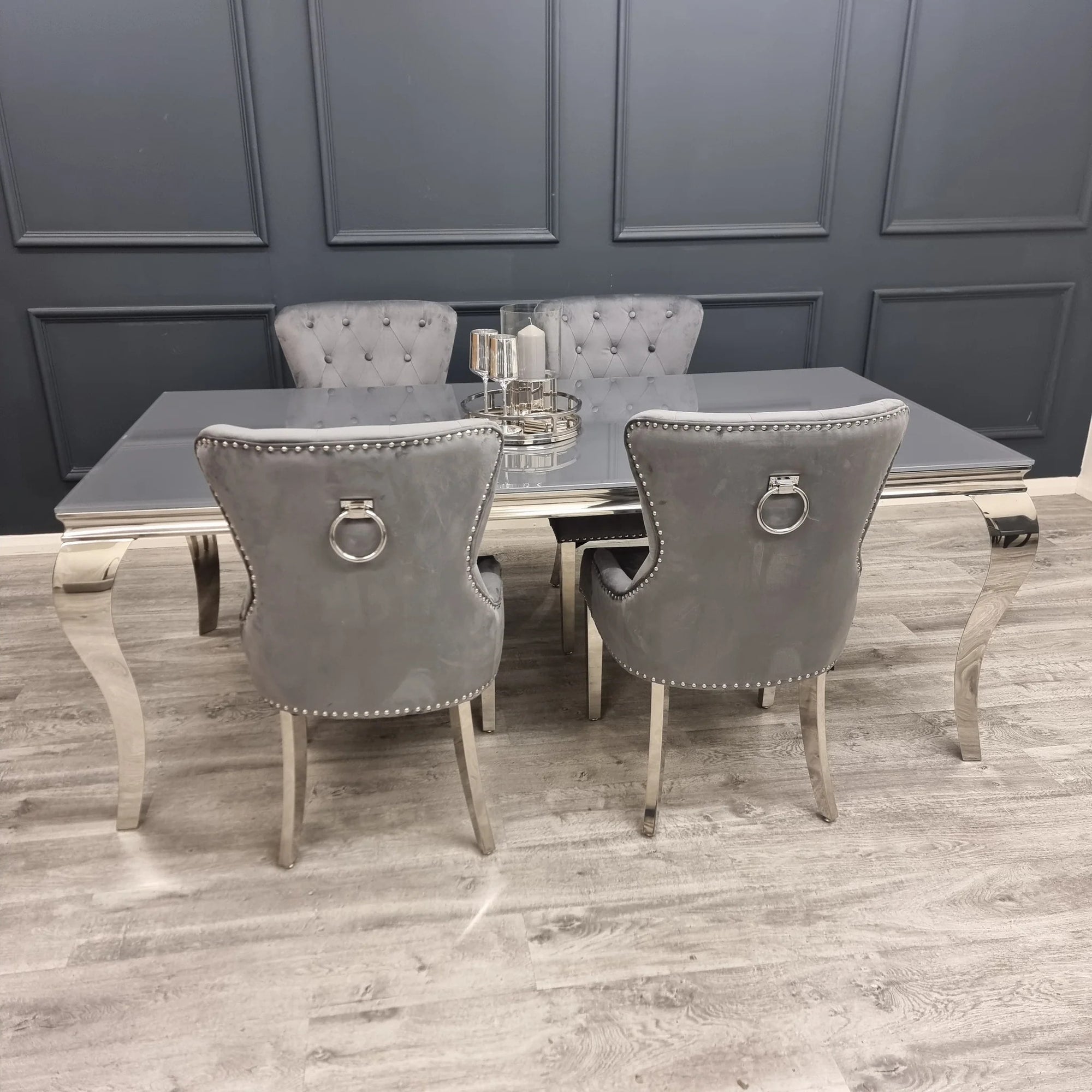 Louis 2m Table in Grey Glass with 4 Megan Promo Chairs - Black Megan