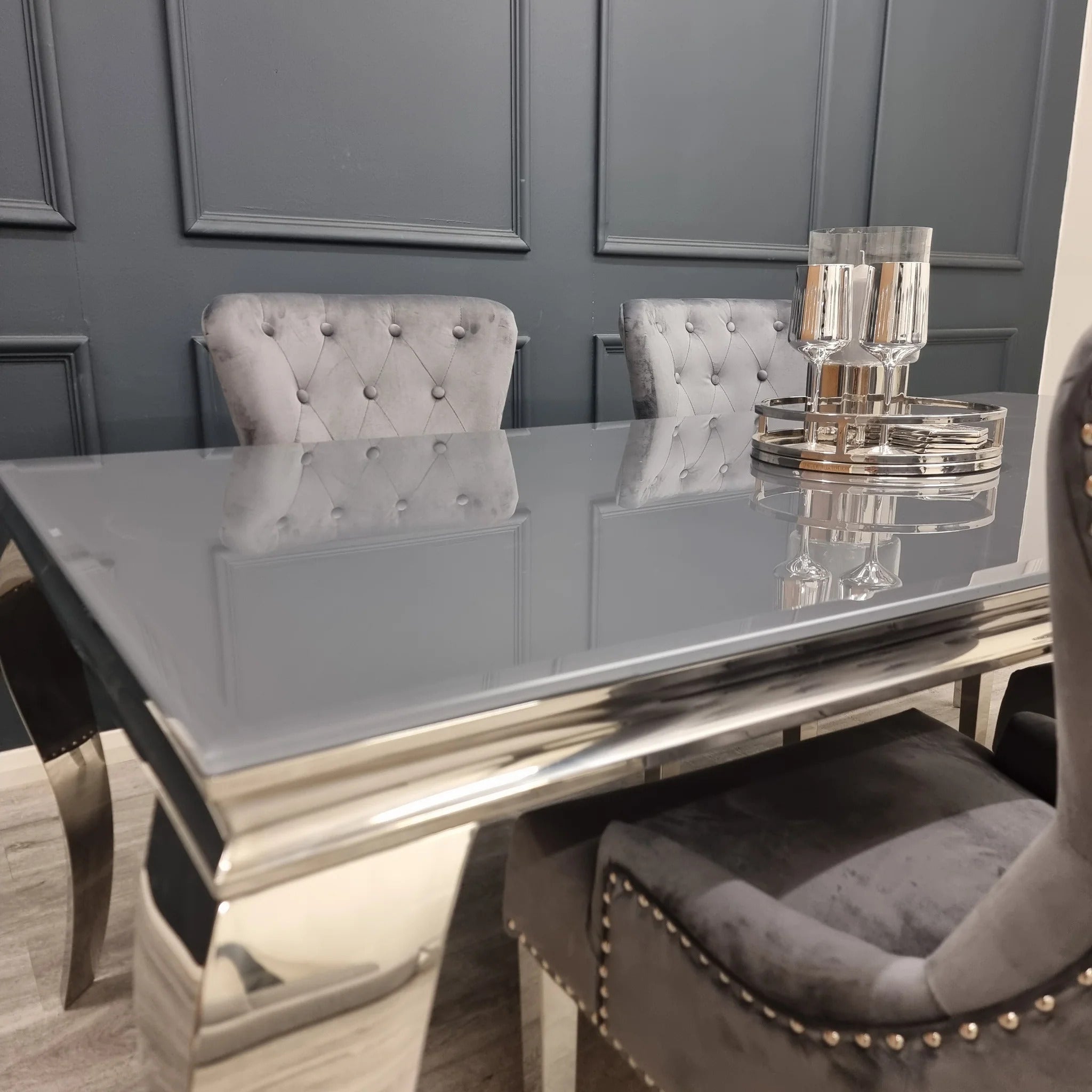 Louis 2m Table in Grey Glass with 4 Megan Promo Chairs - Black Megan