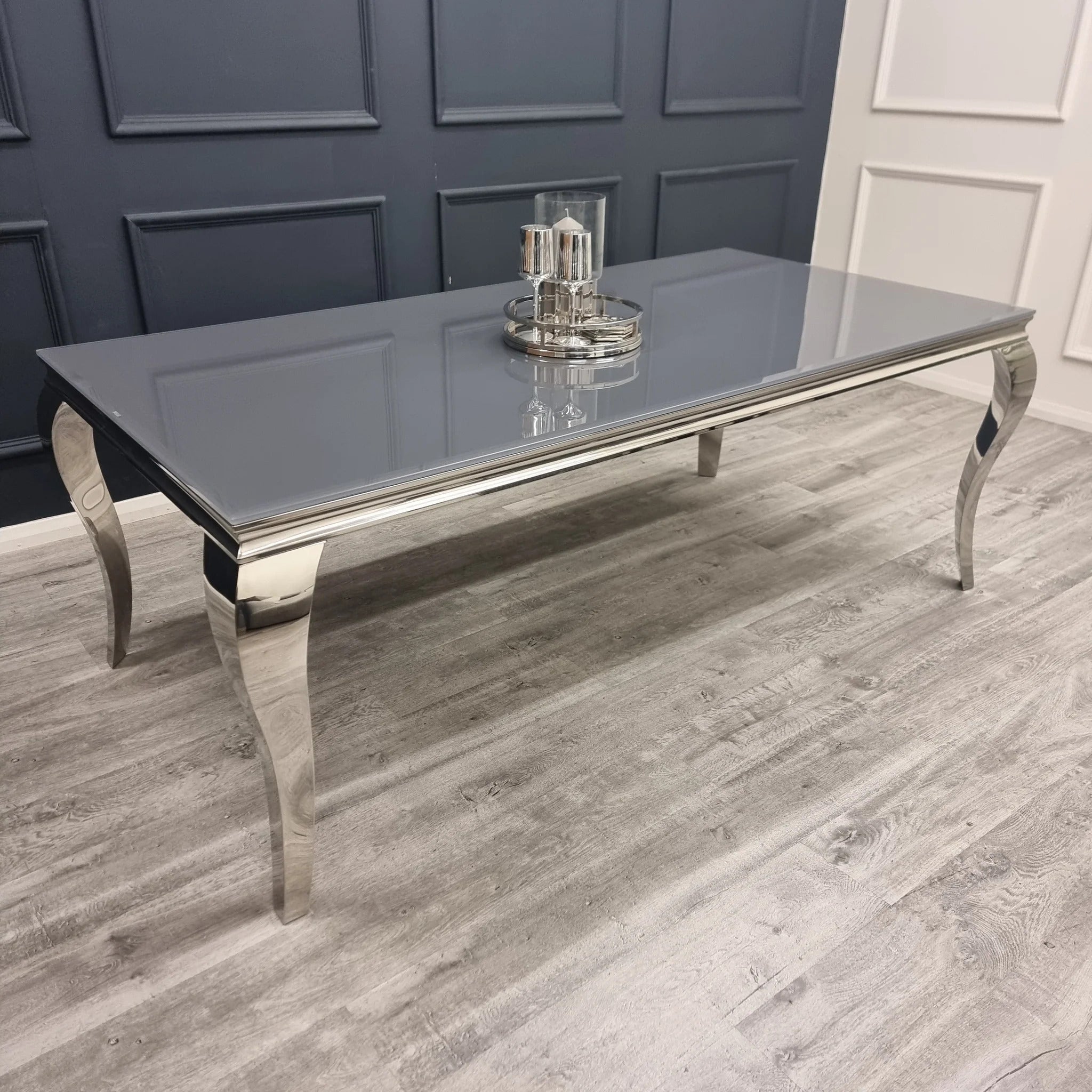 Louis 2m Table in Grey Glass with 4 Megan Promo Chairs - Black Megan