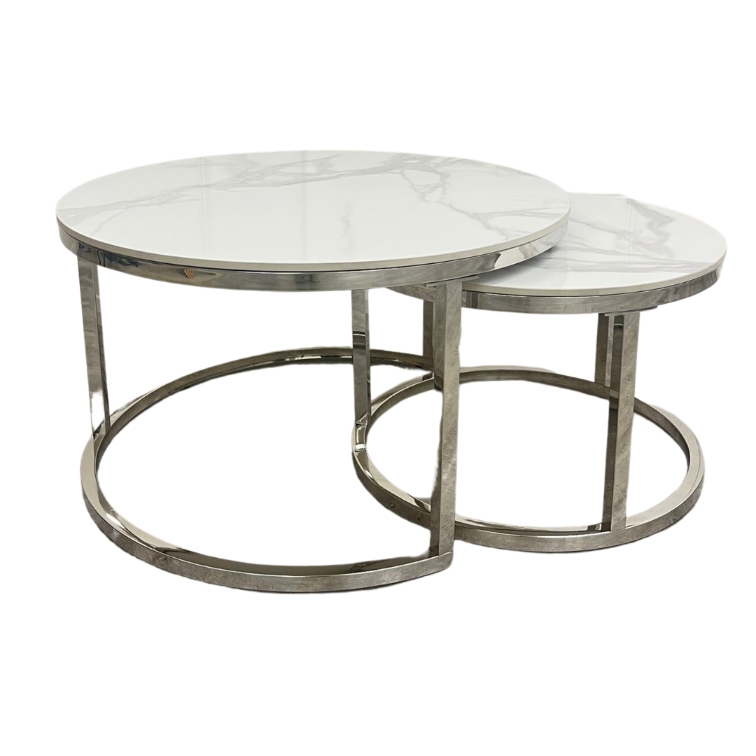 Cato Nest of 2 Short Round Coffee Silver Tables with Polar White Sintered Stone Tops