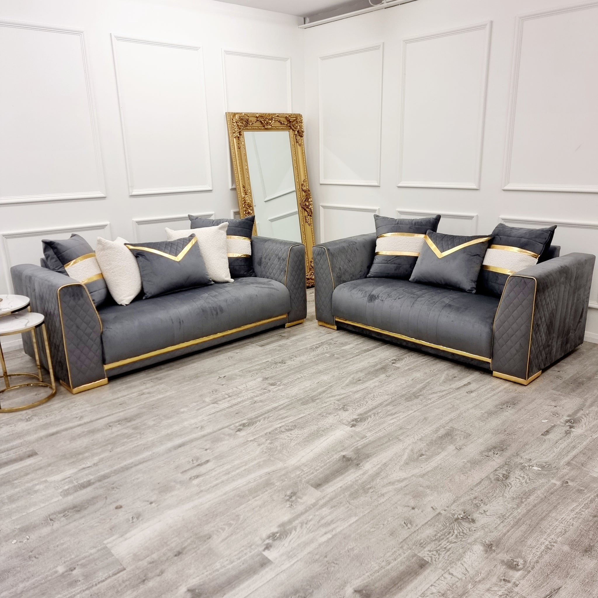 Empire 3 & 2 Seater Sofa Set - Grey & Gold