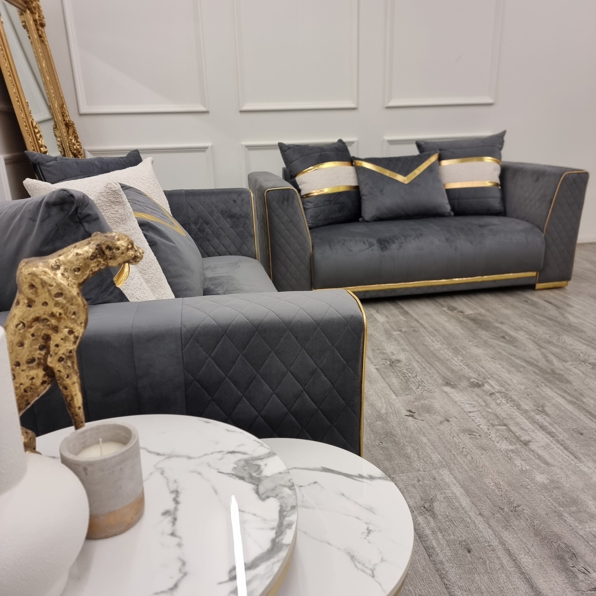 Empire 3 & 2 Seater Sofa Set - Grey & Gold