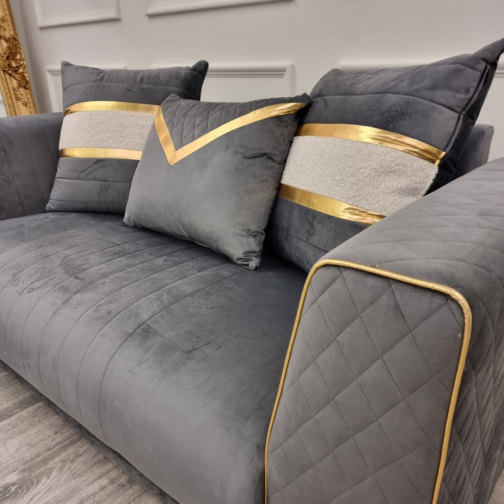 Empire 3 & 2 Seater Sofa Set - Grey & Gold