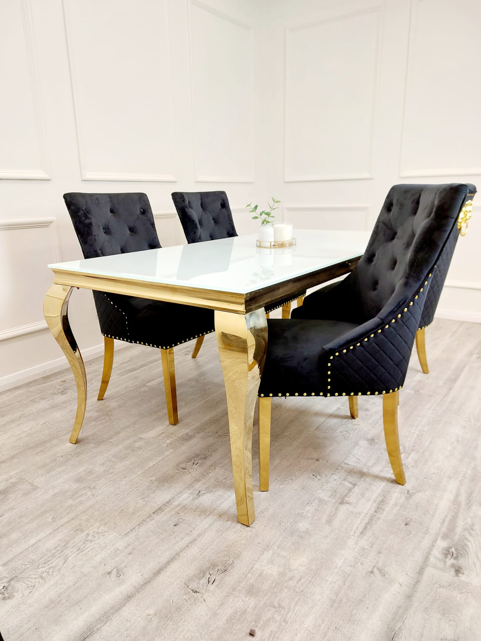 Louis Gold 1.5 Dining Table with White Glass Top