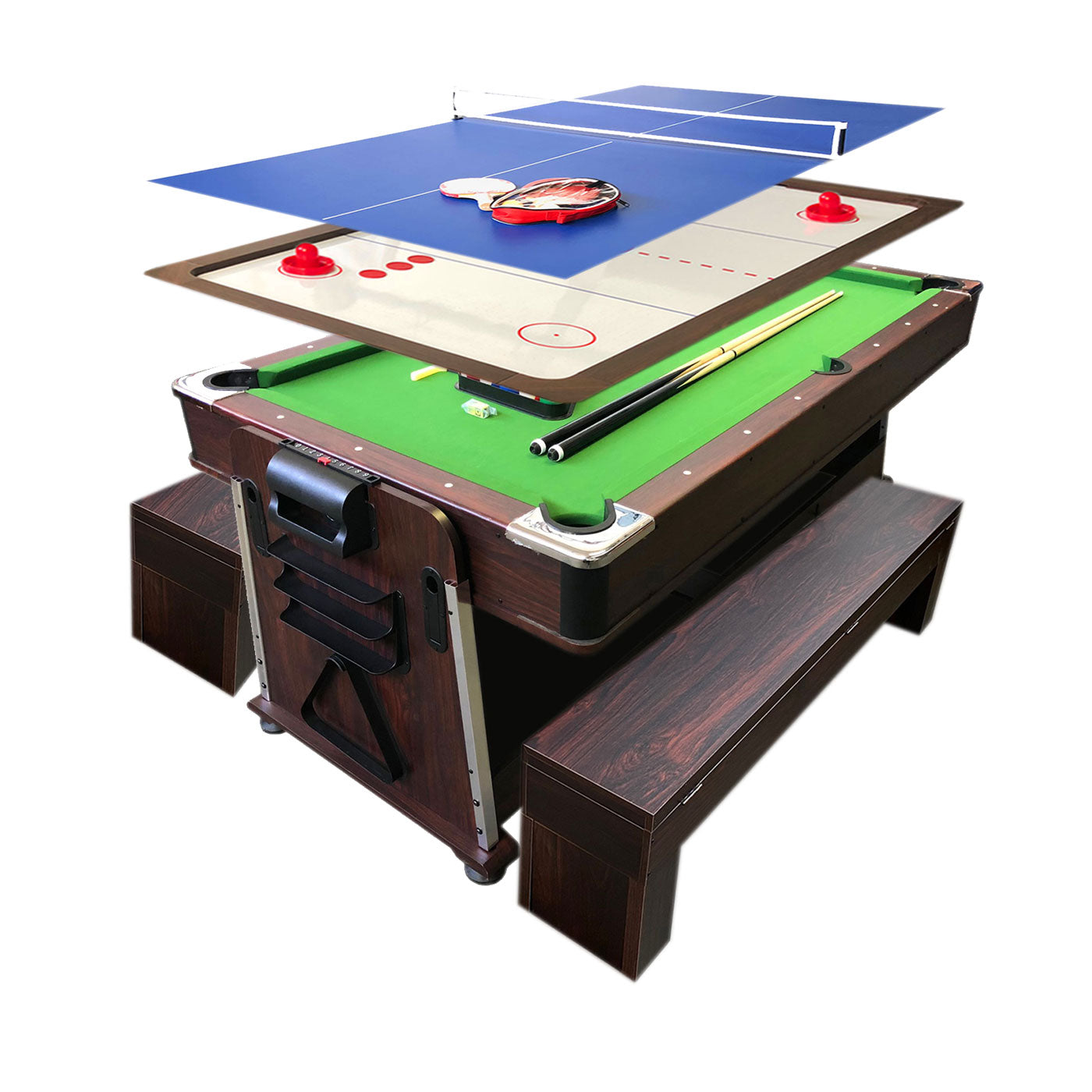 7 FT Pool Table Billiards + Air Hockey + Table Tennis + Dining table – Mattew Green with Benches