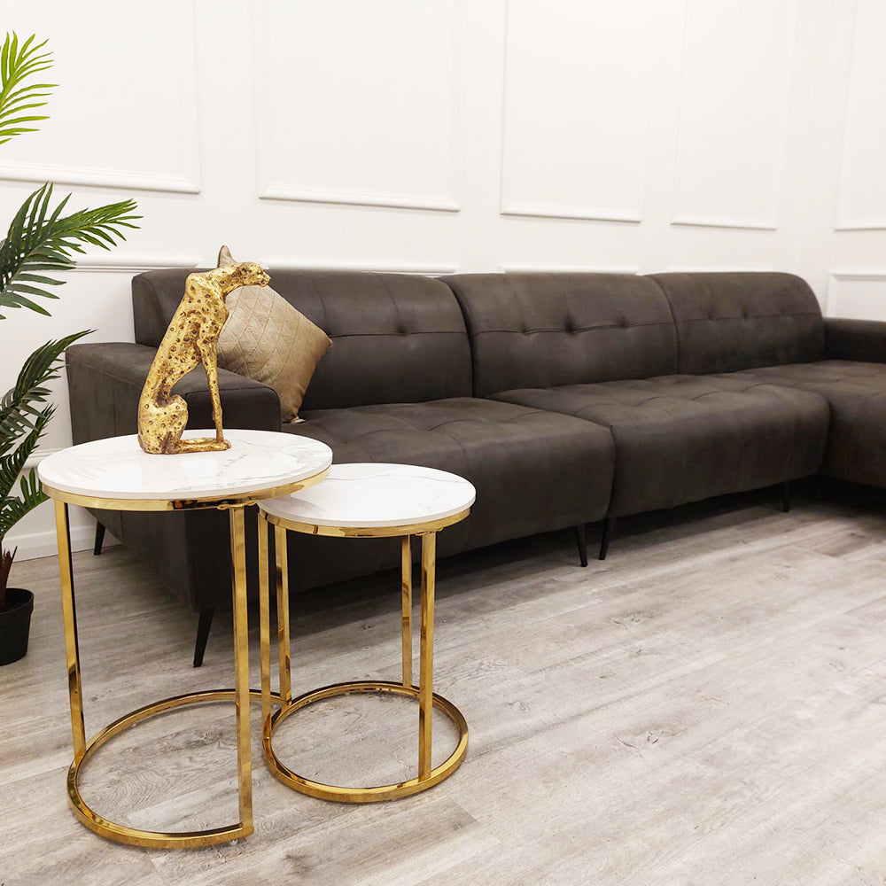 Cato Nest of 2 Tall Gold End Tables with Polar White Sintered Stone Tops