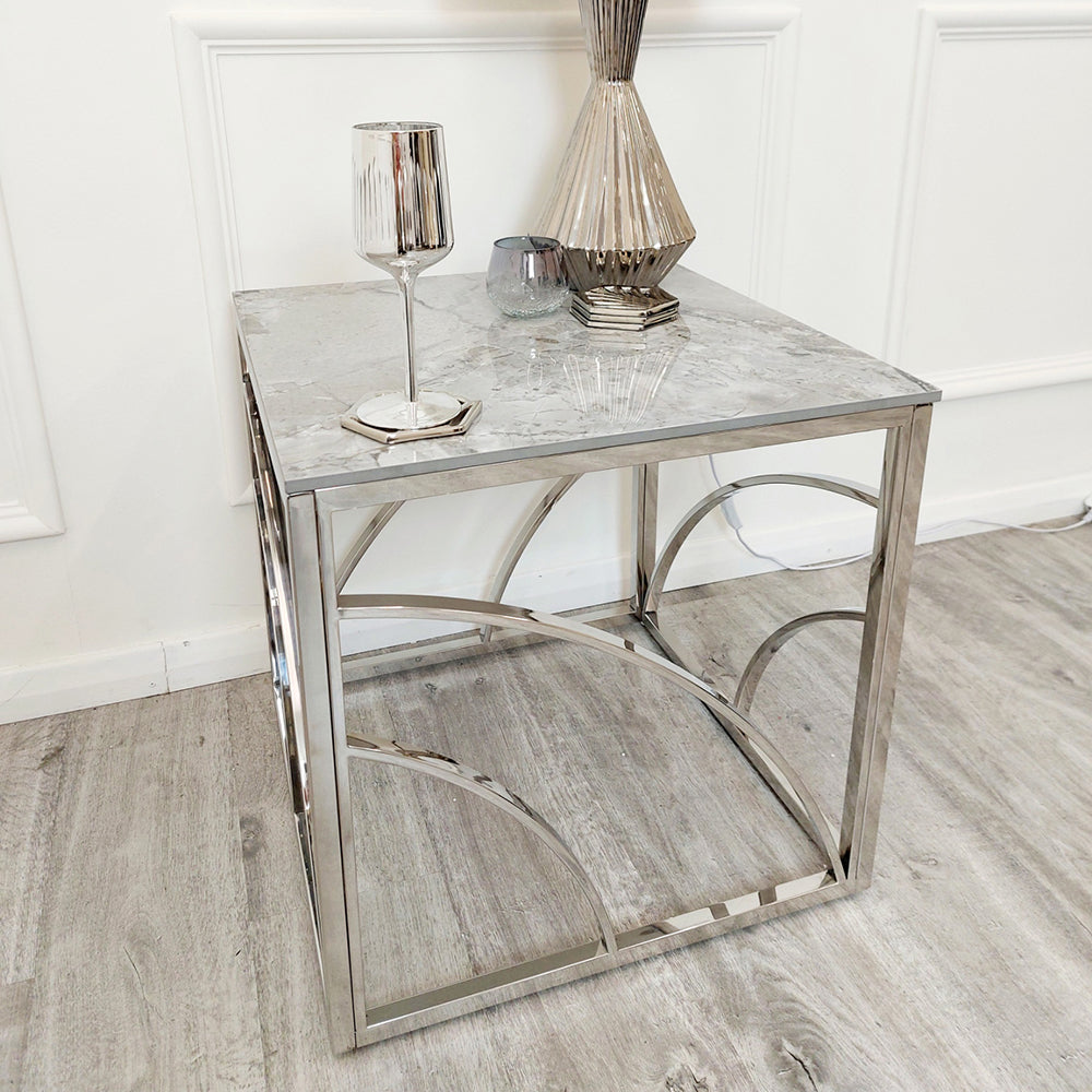 Stella Chrome Lamp Table with Stomach Ash Grey Sintered Top