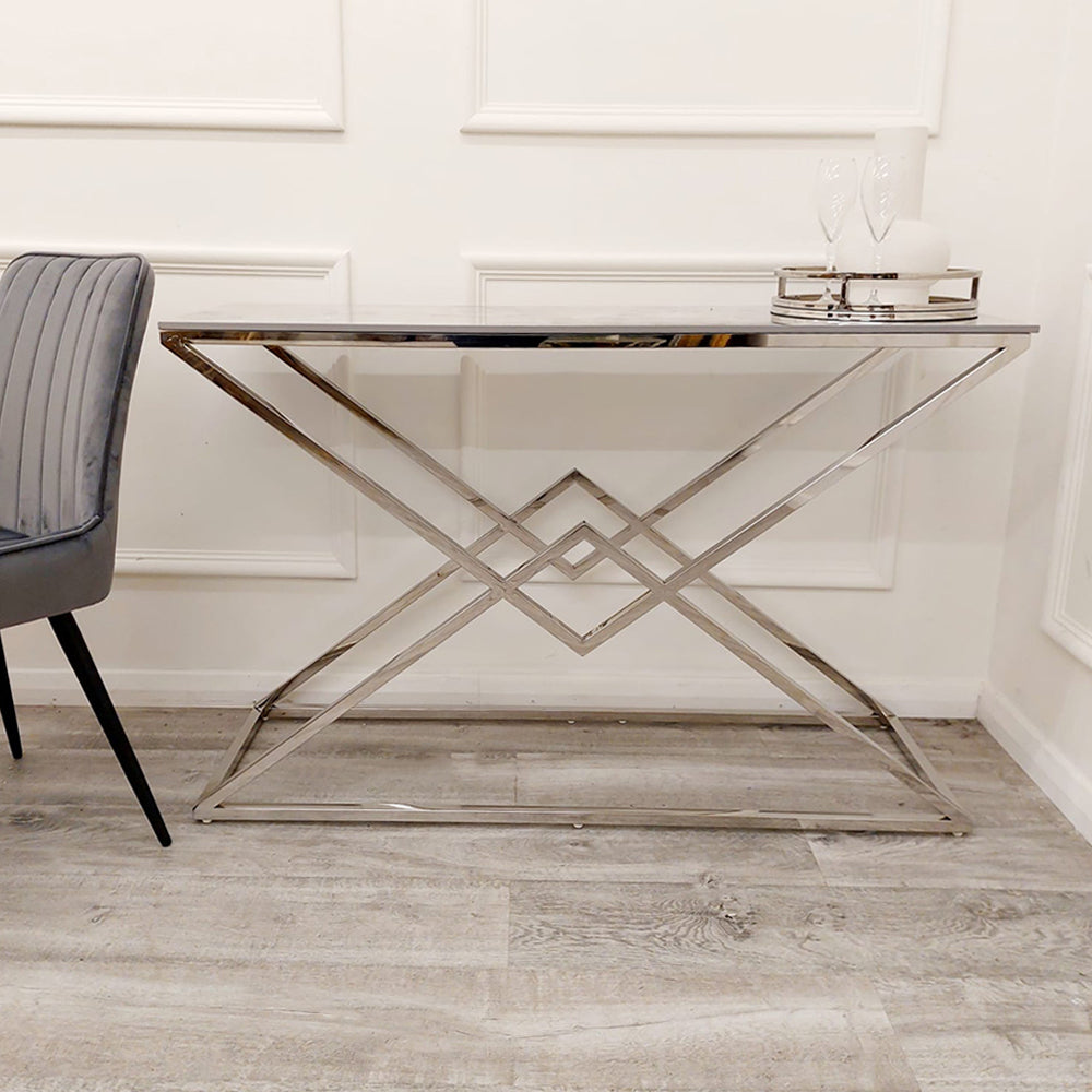 Vesta Chrome Console Table with Stomach Ash Sintered Stone Top